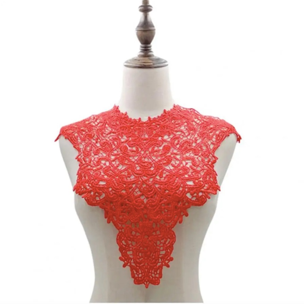 Embroidered lace neckline applique for sewing - bright red
